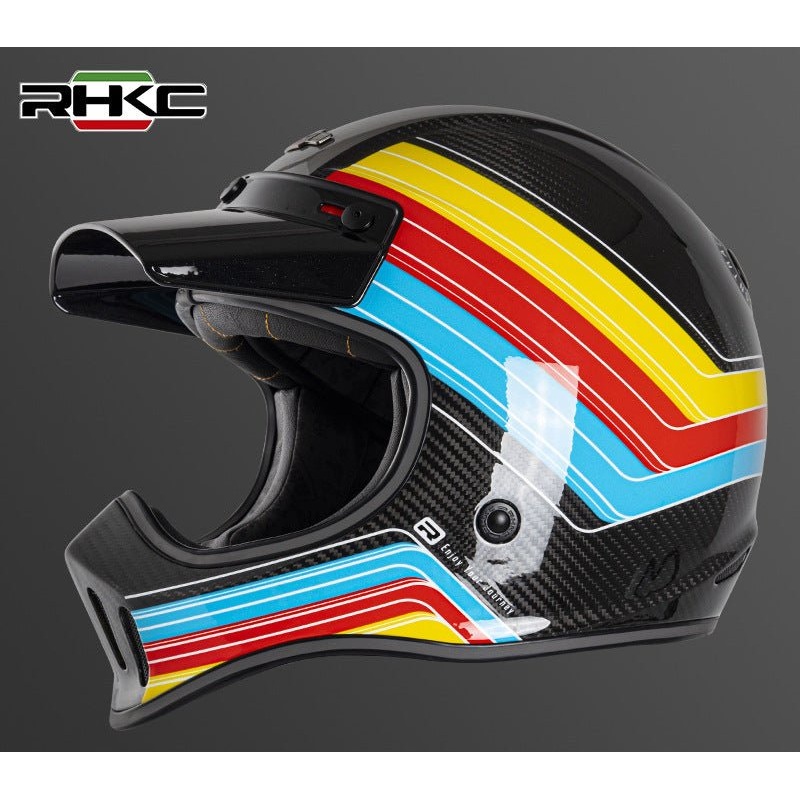 Carbon Fiber, Yellow, Red, Blue & Black RHKC Motorcycle Helmet Medium (M)= 57-58 CM’s No Goggles