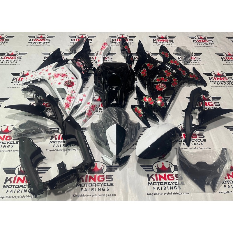 Fairings for Kawasaki Ninja 650R (2020-2023) Black Rose, White Blossom Clear Windscreen: Free No Bolt Kit No Tank