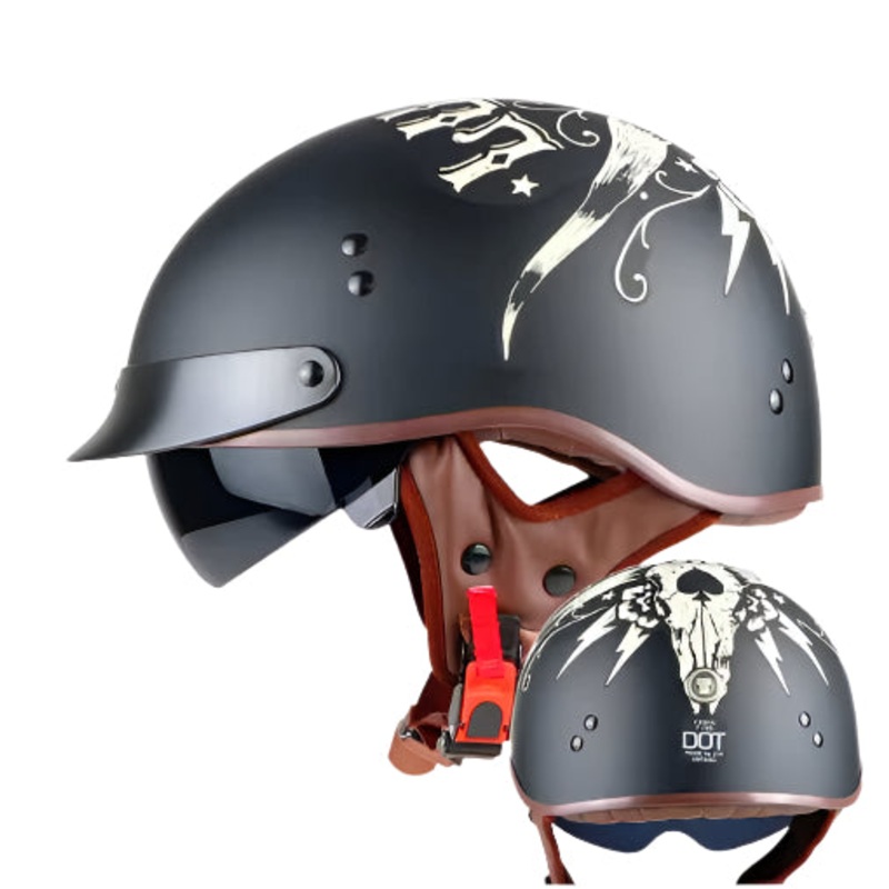 Matte Black Bull Head T55 Motorcycle Half Helmet Extra Small (XS)= 53-54 CM’s