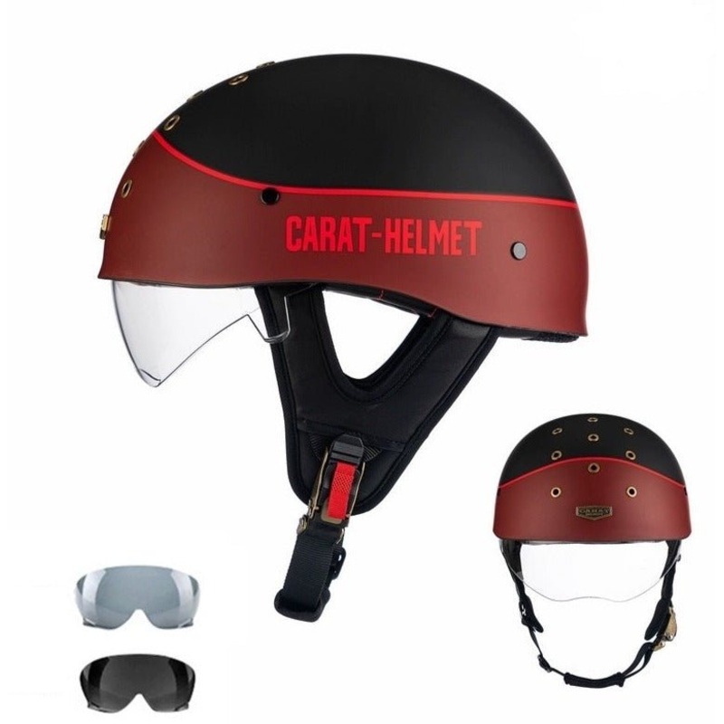 Matte Black & Matte Red Half Bucket Motorcycle Helmet Medium (M)= 52-54 CM’s Clear