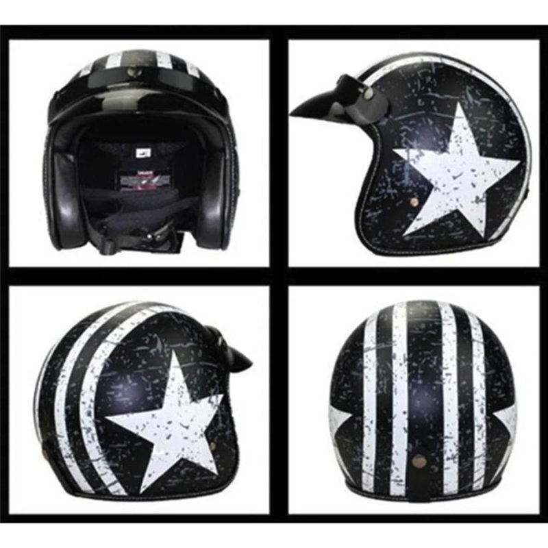 Matte Black, White Star Cafe Racer Motorcycle Helmet Medium (M)= 57-58 CM’s