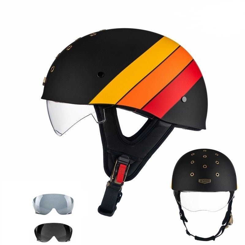 Matte Black, Yellow, Orange & Red Half Bucket Motorcycle Helmet Medium (M)= 52-54 CM’s Clear