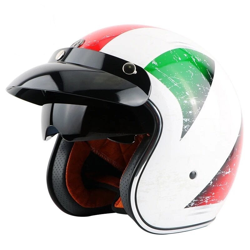 Retro White, Red, Green Open Face Motorcycle Helmet Medium (M)= 57-58 CM’s