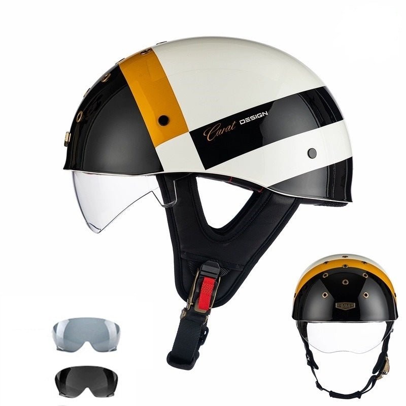 White, Black & Gold Half Bucket Motorcycle Helmet Medium (M)= 52-54 CM’s Clear