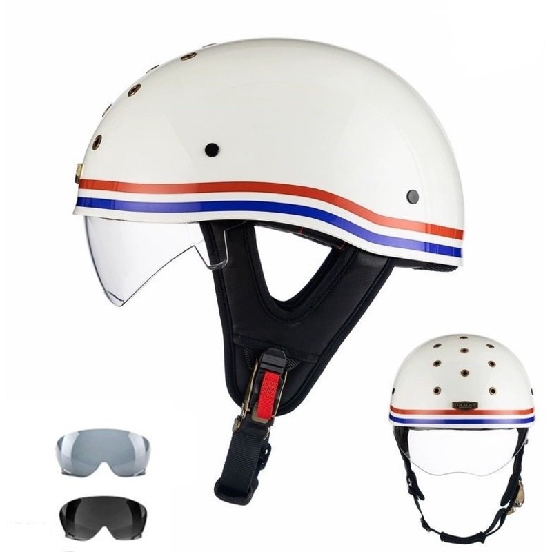 White, Red & Blue Half Bucket Motorcycle Helmet Medium (M)= 52-54 CM’s Clear