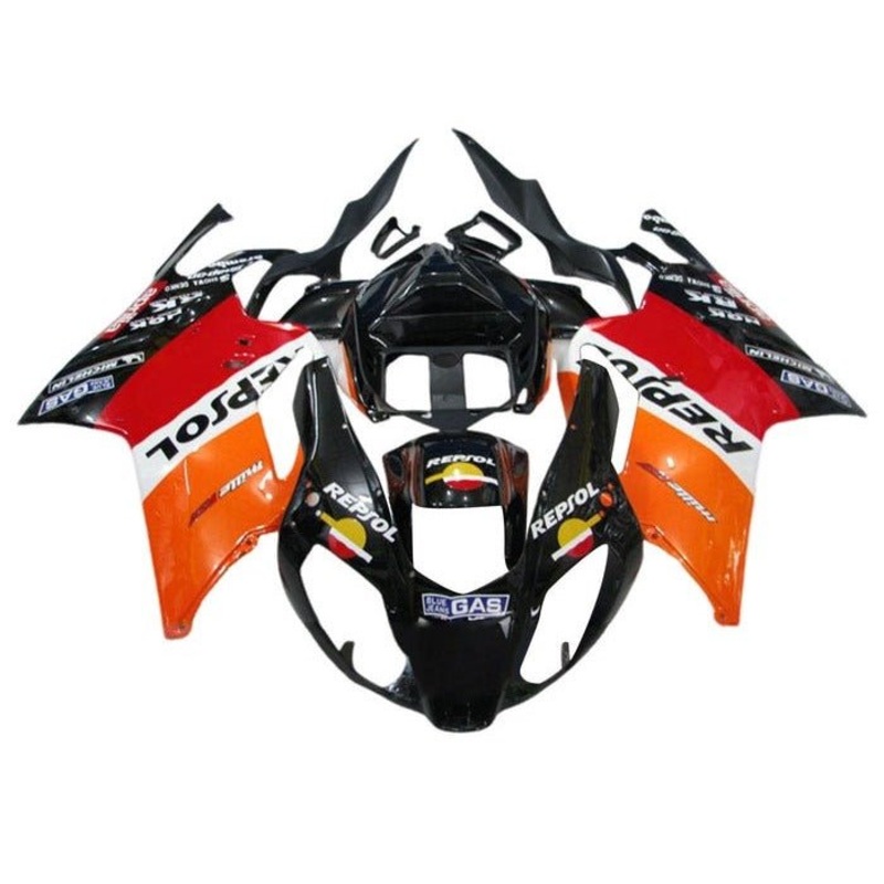 Aprilia RSV1000R Fairings (2003-2006) Black, Orange Repsol Clear Windscreen: Free No Bolt Kit