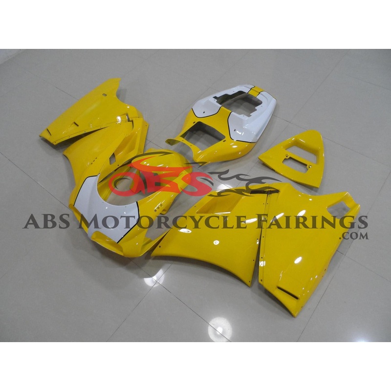 Ducati 748 (1994-2003) Yellow, White, Black Stripe Fairings Clear Windscreen: Free No Bolt Kit