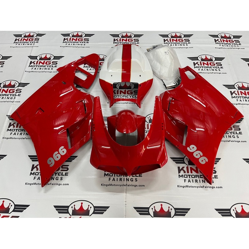 Ducati 996 (1998-2002) Red, White, Gold Pinstripe Fairings Clear Windscreen: Free No Bolt Kit