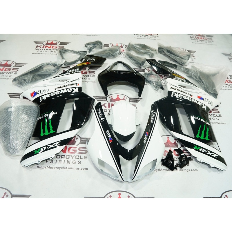 Fairing kit for a Kawasaki Ninja ZX6R 636 (2007-2008) White, Black, Green Monster Energy Clear Windscreen: Free No Seat Cowl No Bolt Kit