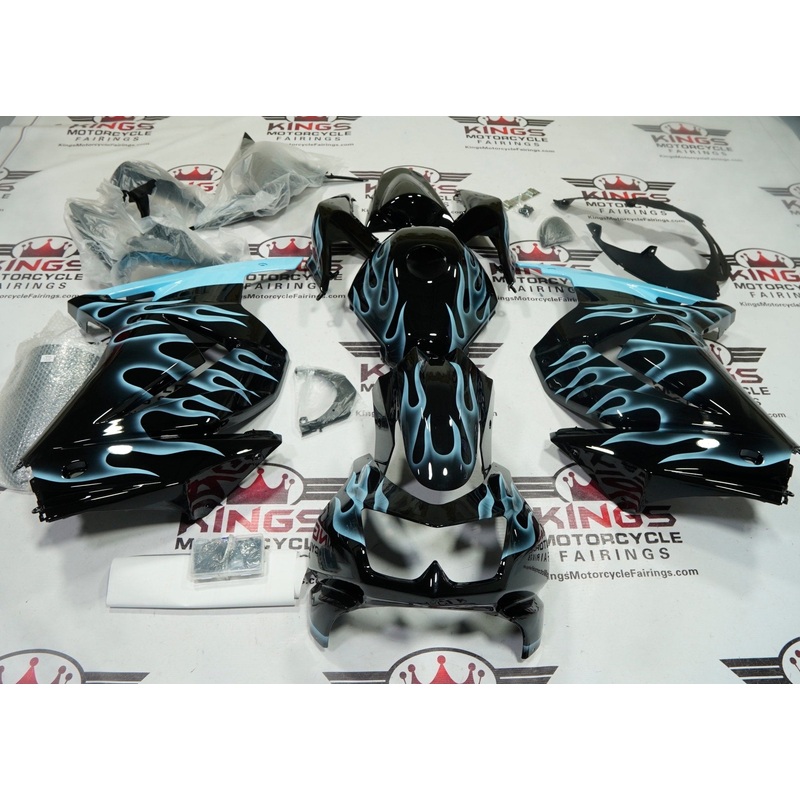 Fairings for Kawasaki Ninja 250R (2008-2013) Black, Light Blue Flames No Seat Cowl No Bolt Kit No Tank