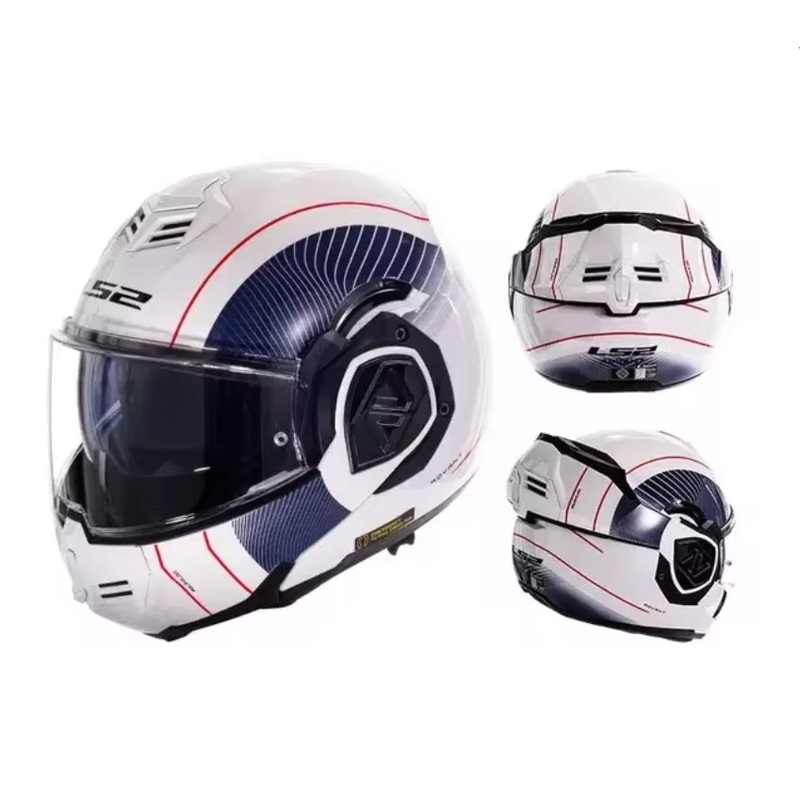 White, Blue, Red Modular LS2 Motorcycle Helmet Medium (M)= 53-54 CM’s