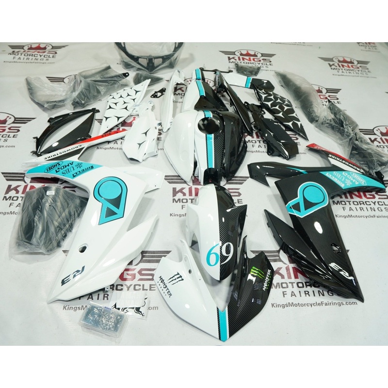 Yamaha YZF-R3 (2015-2018) White, Faux Carbon Fiber, Blue Petronas Fairings No Seat Cowl No Bolt Kit No Tank Cover