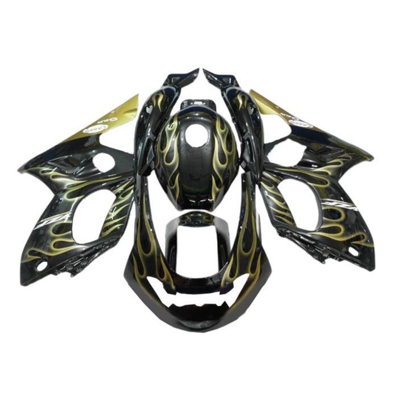 YAMAHA YZF600R (1998-2007) Black, Gold Flames Fairings Clear Windscreen: Free No Bolt Kit No Tank Cover