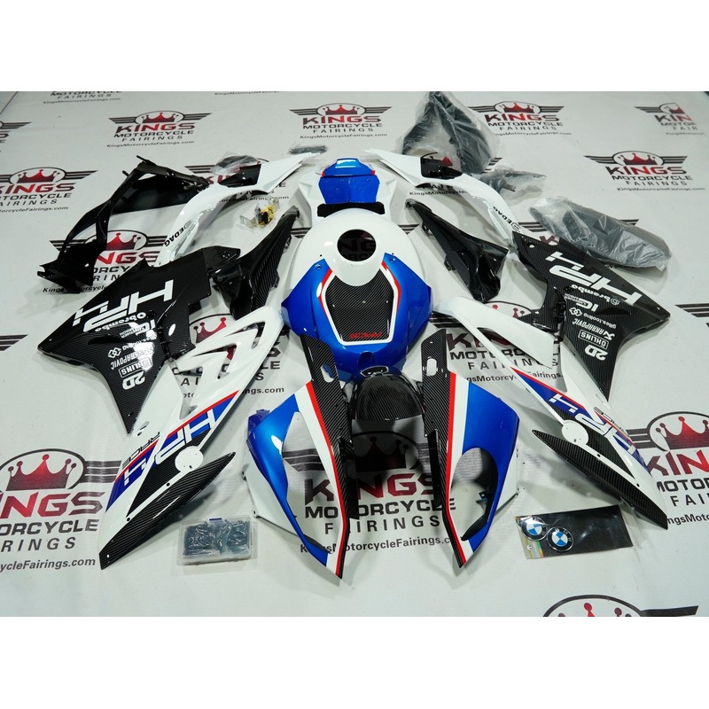 BMW S1000RR (2017-2018) Faux Carbon Fiber, White, Blue, Red HP Fairings No Seat Cowl No Bolt Kit No Tank