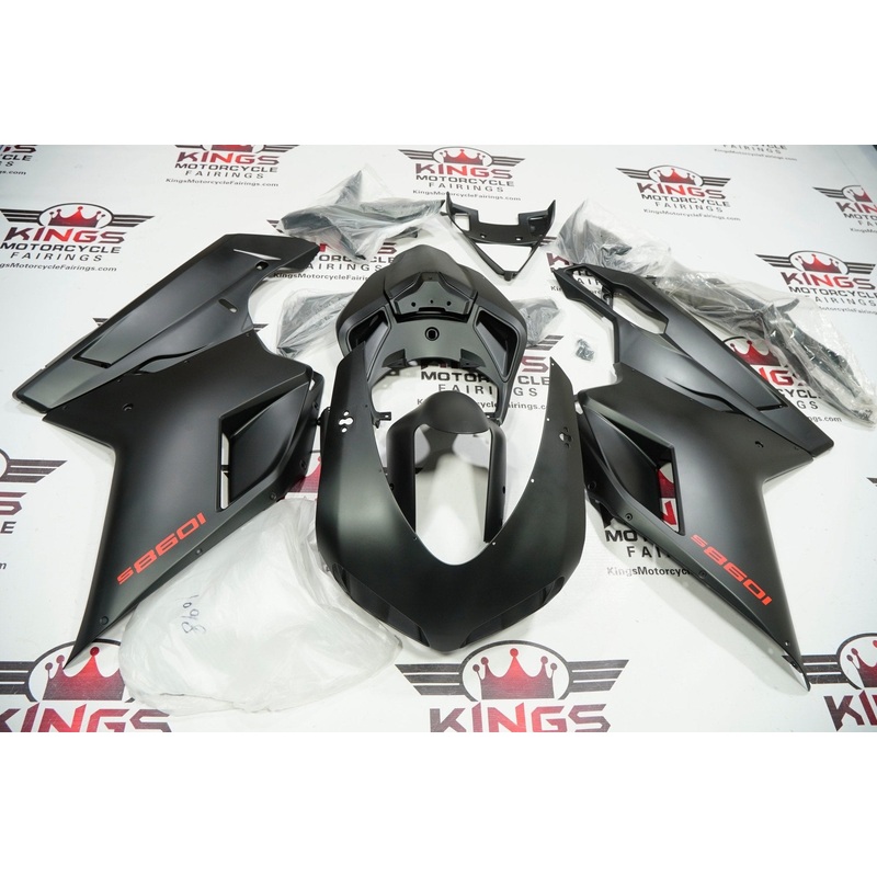 Ducati 1098s (2007-2012) Matte Black, Red Fairings Clear Windscreen: Free No Seat Cowl No Bolt Kit