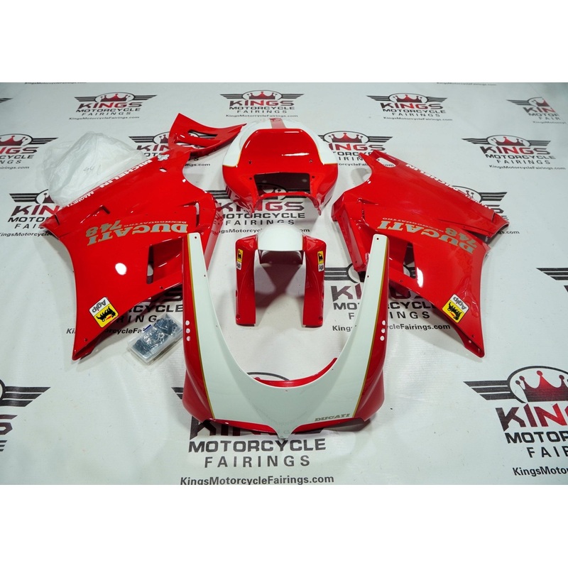 Ducati 748 (1994-2003) Red, White, Gold Pinstripe Fairings Clear Windscreen: Free No Bolt Kit
