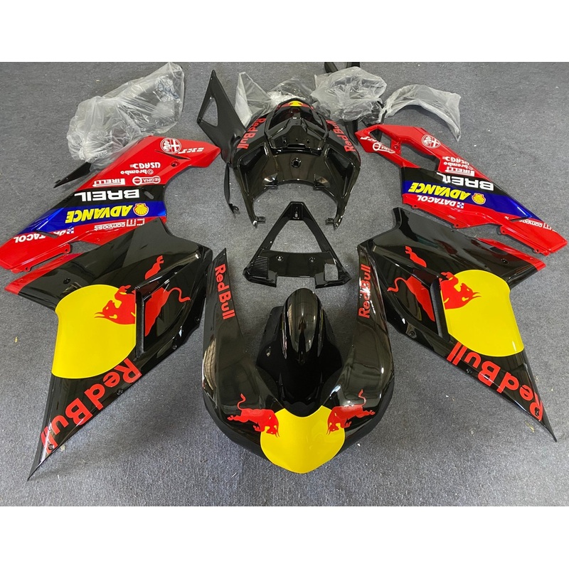 Ducati 848 (2007-2014) Black, Red & Yellow RedBull Race Fairings Clear Windscreen: Free No Seat Cowl No Bolt Kit
