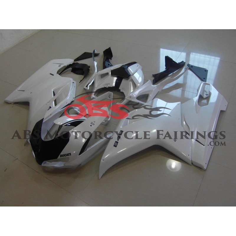 Ducati 848 (2007-2014) White, Black Stripe Fairings Clear Windscreen: Free No Seat Cowl No Bolt Kit