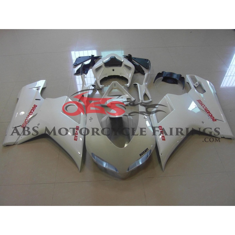 Ducati 848 (2007-2014) White, Red Corse Fairings Clear Windscreen: Free No Seat Cowl No Bolt Kit