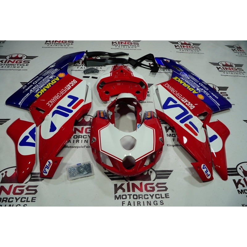 Ducati 999 (2005-2006) Red, White, Blue Fila Superbike Fairings Clear Windscreen: Free No Seat Cowl No Bolt Kit
