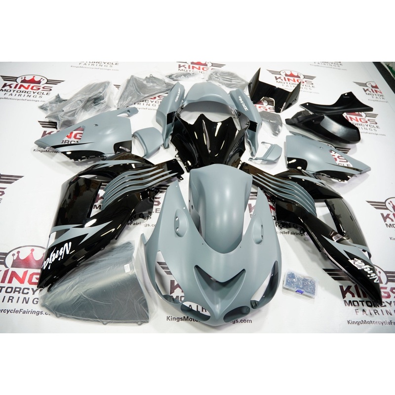 Fairing kit for a Kawasaki Ninja ZX14R (2006-2011) Matte Gray, Gloss Black Clear Windscreen: Free No Seat Cowl No Bolt Kit