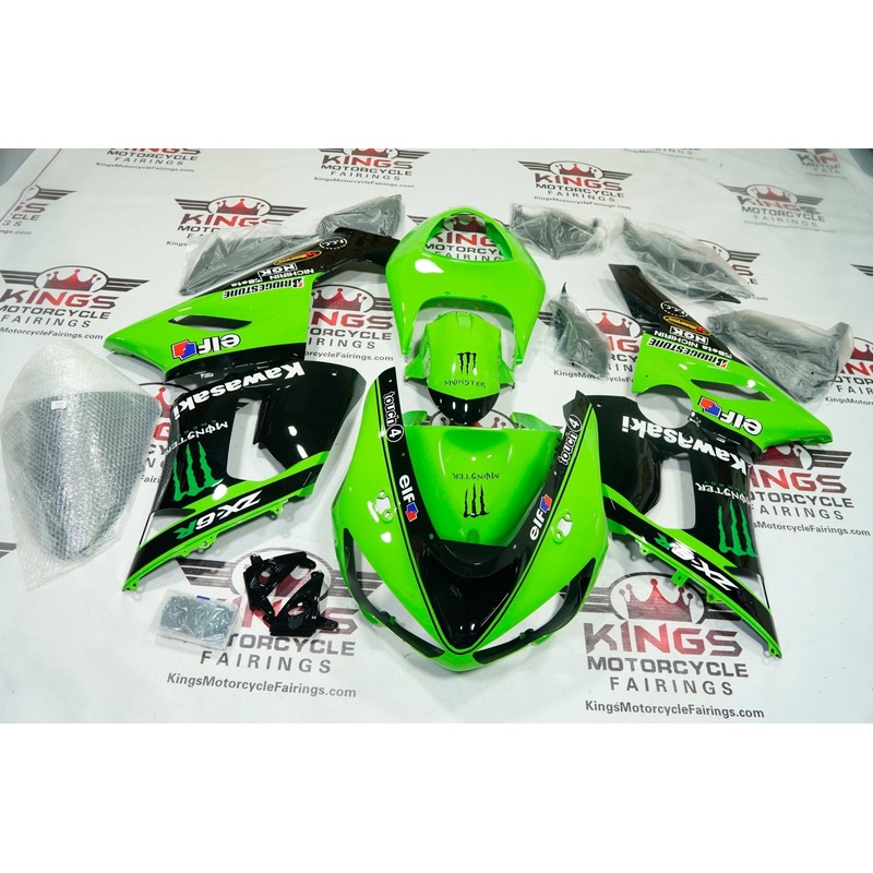 Fairing kit for a Kawasaki Ninja ZX6R 636 (2005-2006) Green Monster Elf, Black Clear Windscreen: Free No Seat Cowl No Bolt Kit