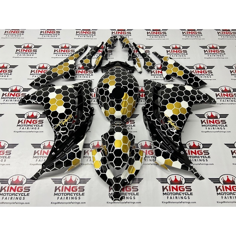Fairings for Kawasaki Ninja 300 (2013-2024) Black, White, Gold Honeycomb No Tank No Seat Cowl No Bolt Kit