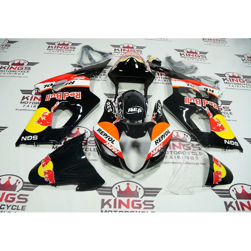 SUZUKI GSXR1000 (2003-2004) BLACK REPSOL REDBULL FAIRINGS Clear Windscreen: Free No Seat Cowl No Bolt Kit