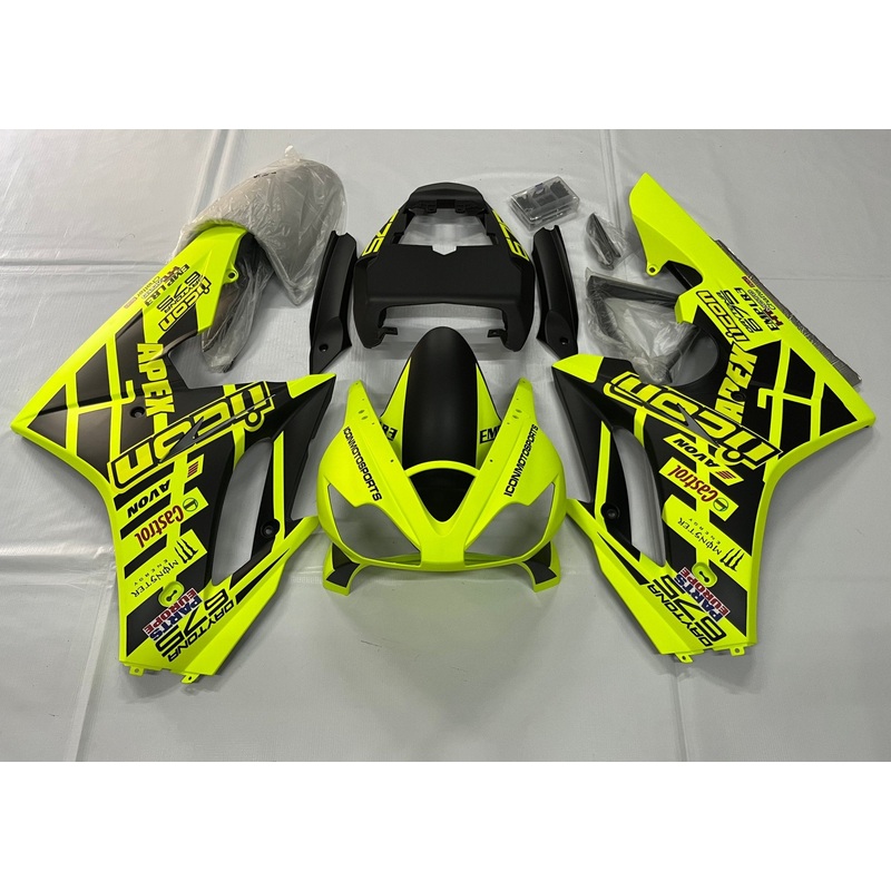 Triumph Daytona 675 (2006-2008) Matte Neon Yellow, Matte Black Fairings Clear Windscreen: Free No Bolt Kit