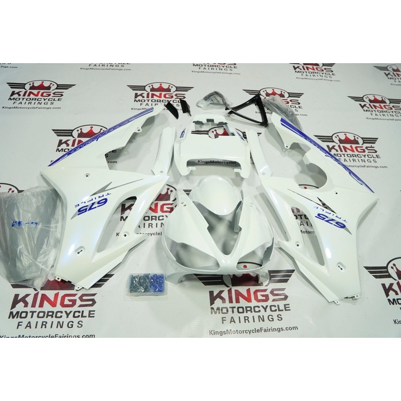 Triumph Daytona 675 (2009-2012) Pearl White, Blue Fairings Clear Windscreen: Free No Bolt Kit