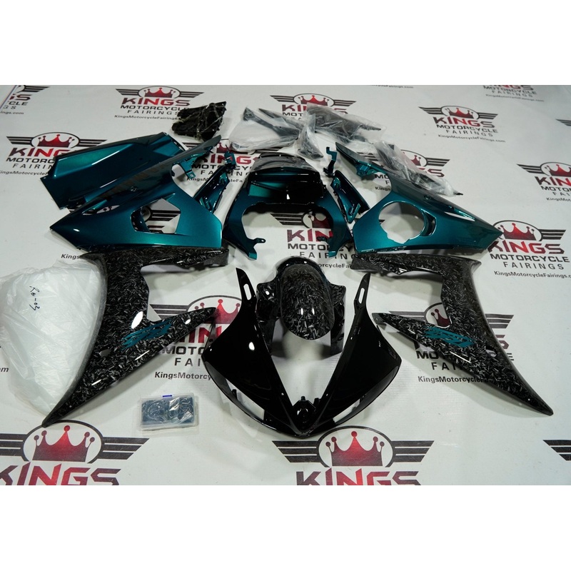 Yamaha YZF-R6 (2005) Faux Forged Carbon Fiber, Green, Black Fairings Clear Windscreen: Free No Seat Cowl No Bolt Kit