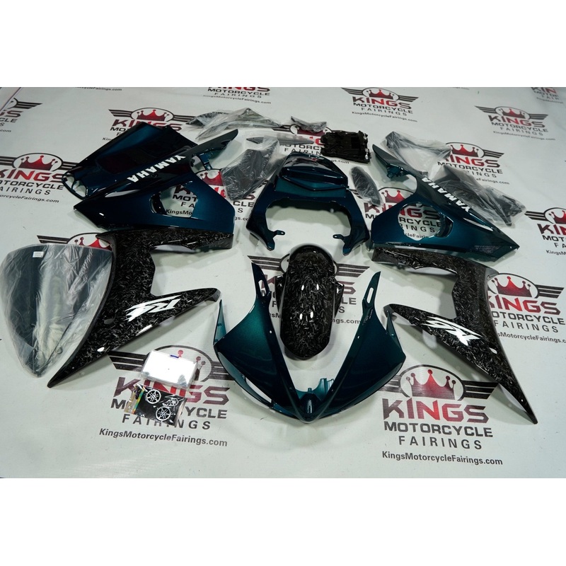 Yamaha YZF-R6 (2003-2004) Faux Forged Carbon Fiber, Green, White Fairings Clear Windscreen: Free No Seat Cowl No Bolt Kit