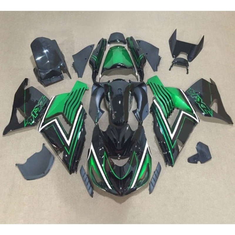 Fairings for Kawasaki Ninja ZX14R (2006-2011) Black, Green, White Stripe Clear Windscreen: Free No Seat Cowl No Bolt Kit