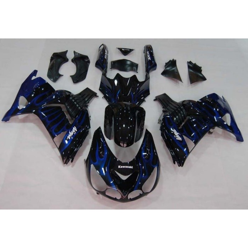 Fairings for Kawasaki Ninja ZX14R (2006-2011) Gloss Black, Blue Flames Clear Windscreen: Free No Seat Cowl No Bolt Kit