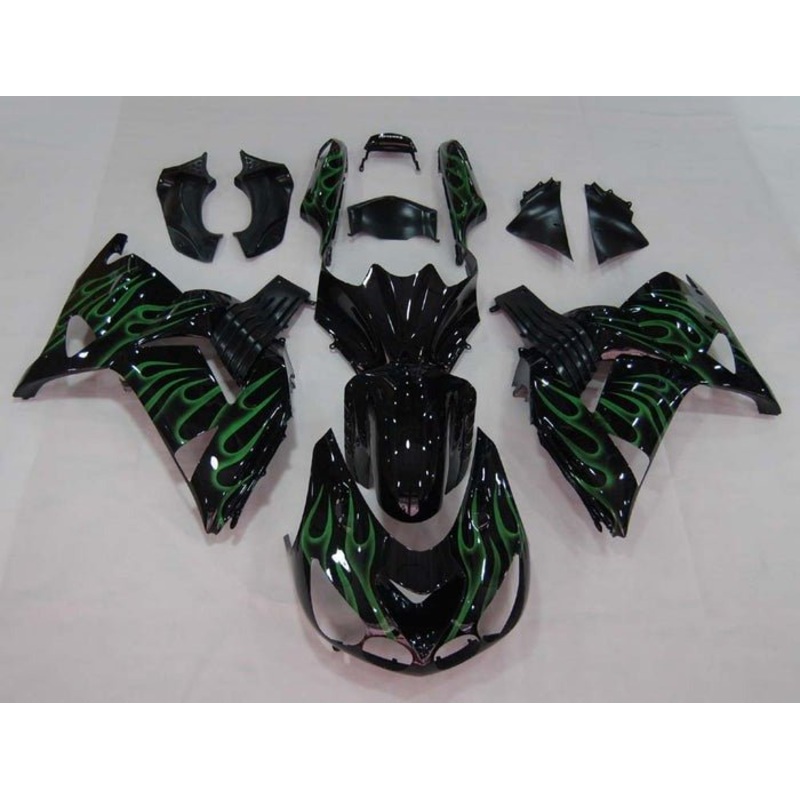 Fairings for Kawasaki Ninja ZX14R (2006-2011) Gloss Black, Green Flames Clear Windscreen: Free No Seat Cowl No Bolt Kit