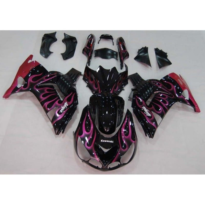 Fairings for Kawasaki Ninja ZX14R (2006-2011) Gloss Black, Pink Flames Clear Windscreen: Free No Seat Cowl No Bolt Kit