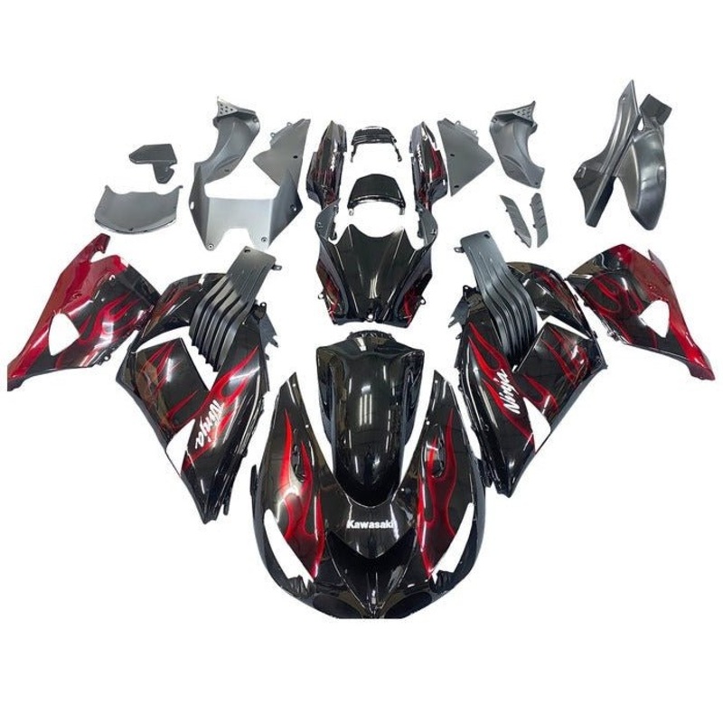 Fairings for Kawasaki Ninja ZX14R (2006-2011) Gloss Black, Red Flames Clear Windscreen: Free No Seat Cowl No Bolt Kit