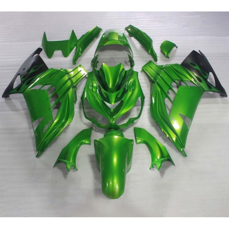 Fairings for Kawasaki Ninja ZX14R (2006-2011) Green Flames Clear Windscreen: Free No Seat Cowl No Bolt Kit