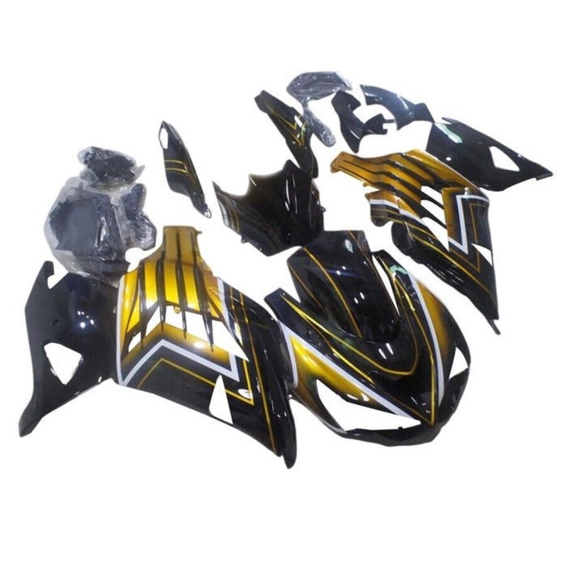 Fairings for Kawasaki Ninja ZX14R (2012-2024) Black, Gold, White Stripe Clear Windscreen: Free No Seat Cowl No Bolt Kit