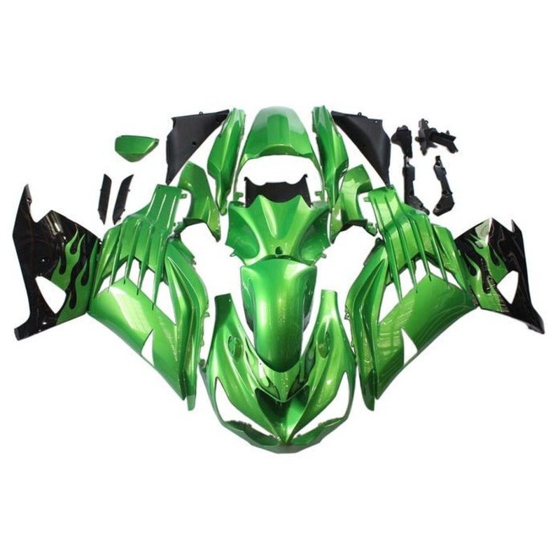 Fairings for Kawasaki Ninja ZX14R (2012-2024) Green Flames Clear Windscreen: Free No Seat Cowl No Bolt Kit