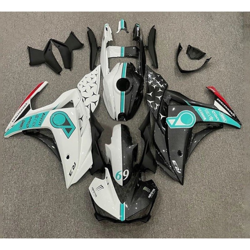 Yamaha YZF-R3 (2015-2018) Faux Carbon Fiber, White, Blue Petronas Fairings No Seat Cowl No Bolt Kit No Tank Cover