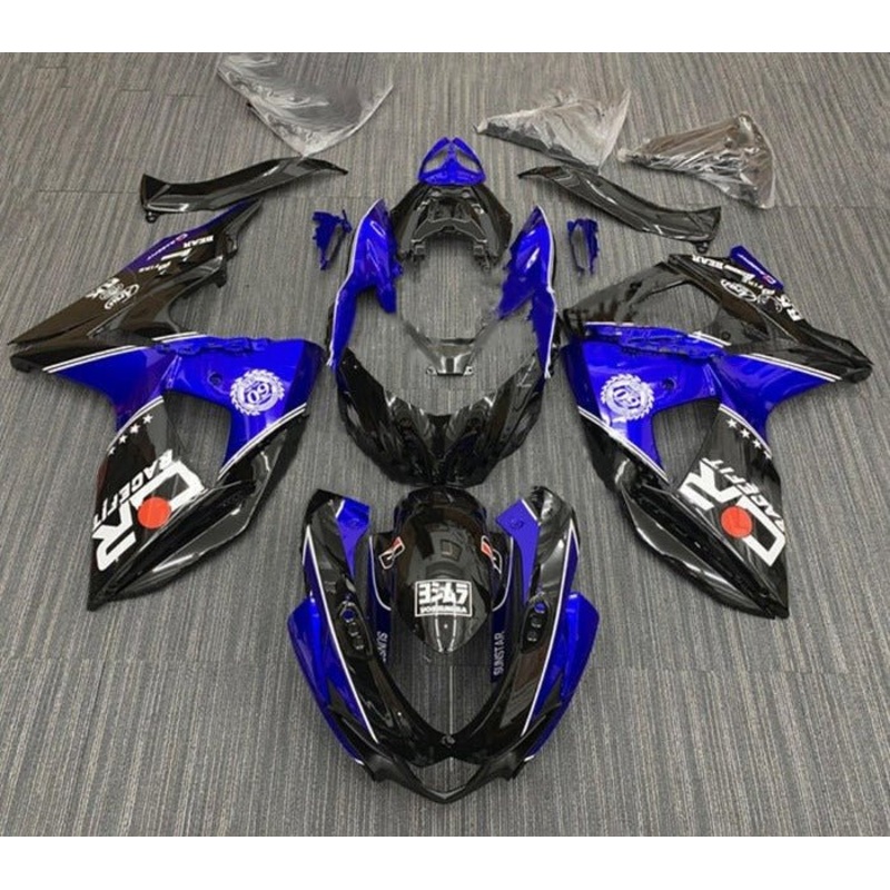 Suzuki GSXR1000 (2009-2016) Black, Blue, White Stripe Fairings Clear Windscreen: Free No Seat Cowl No Bolt Kit