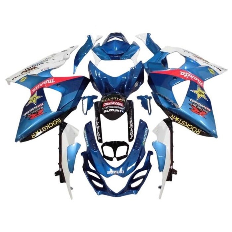 Suzuki GSXR1000 (2009-2016) Blue, White Rockstar Fairings Clear Windscreen: Free No Seat Cowl No Bolt Kit
