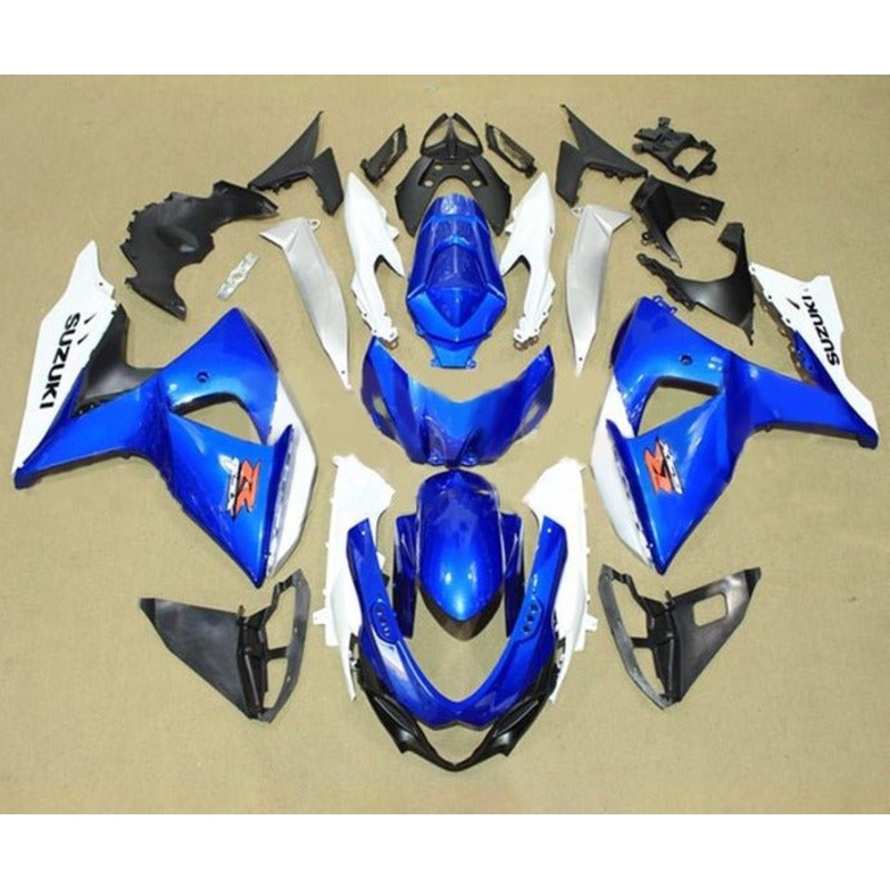 Suzuki GSXR1000 (2009-2016) Gloss Blue, White Fairings Clear Windscreen: Free No Seat Cowl No Bolt Kit