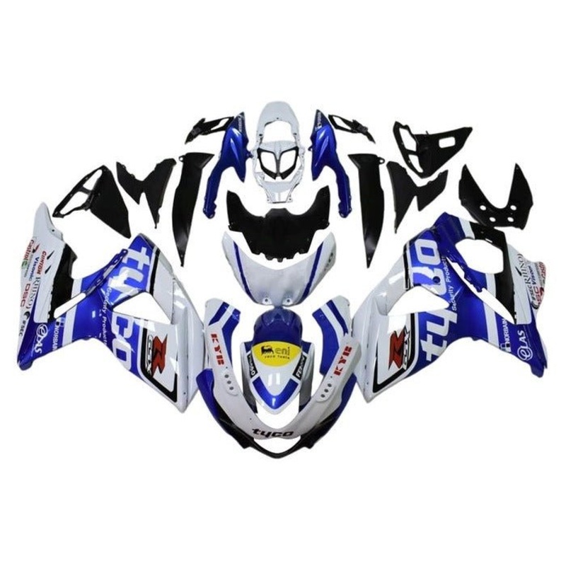 Suzuki GSXR1000 (2009-2016) Gloss White, Blue Tyco Fairings Clear Windscreen: Free No Seat Cowl No Bolt Kit