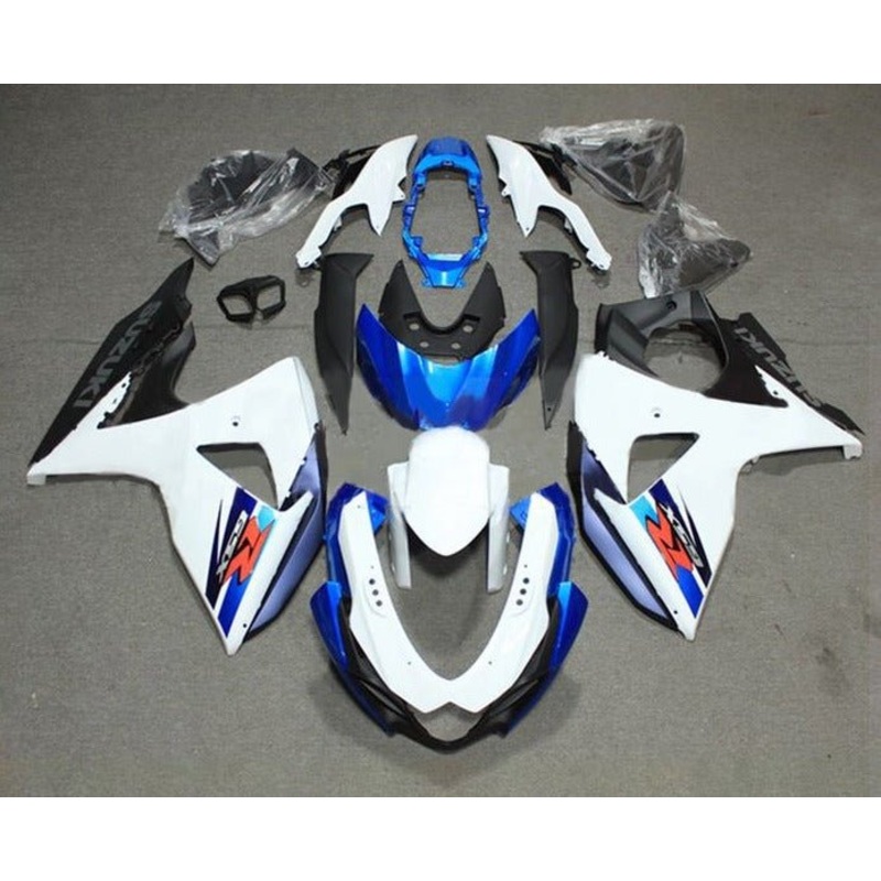 Suzuki GSXR1000 (2009-2016) Matte White, Blue Fairings Clear Windscreen: Free No Seat Cowl No Bolt Kit