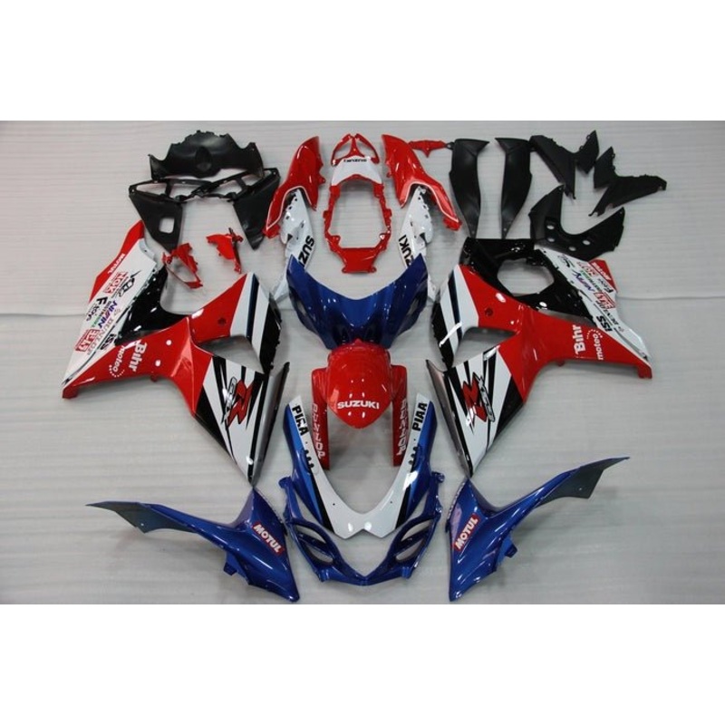 Suzuki GSXR1000 (2009-2016) Red, White, Blue, Black Stripe Fairings Clear Windscreen: Free No Seat Cowl No Bolt Kit