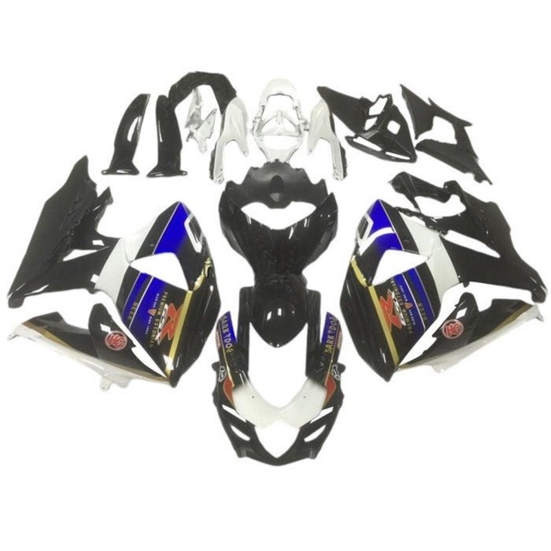 Suzuki GSXR1000 (2009-2016) White, Black, Blue, Gold Stripe Fairings Clear Windscreen: Free No Seat Cowl No Bolt Kit