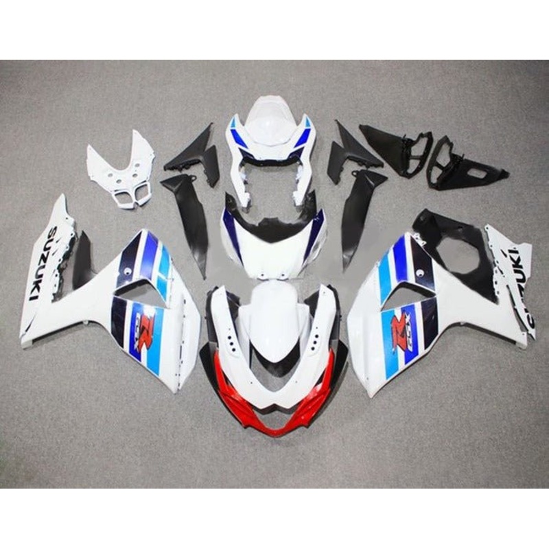 Suzuki GSXR1000 (2009-2016) White, Triple Blue Stripe Fairings Clear Windscreen: Free No Seat Cowl No Bolt Kit