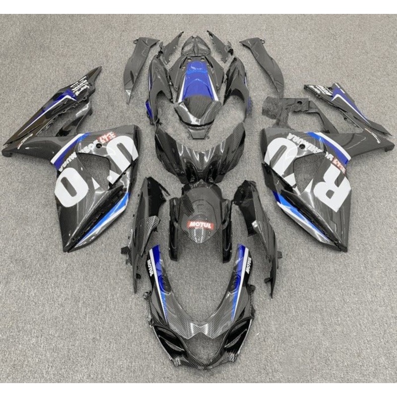 Suzuki GSXR1000 (2017-2025) Faux Carbon Fiber, White, Blue Fairings No Tank No Seat Cowl No Bolt Kit